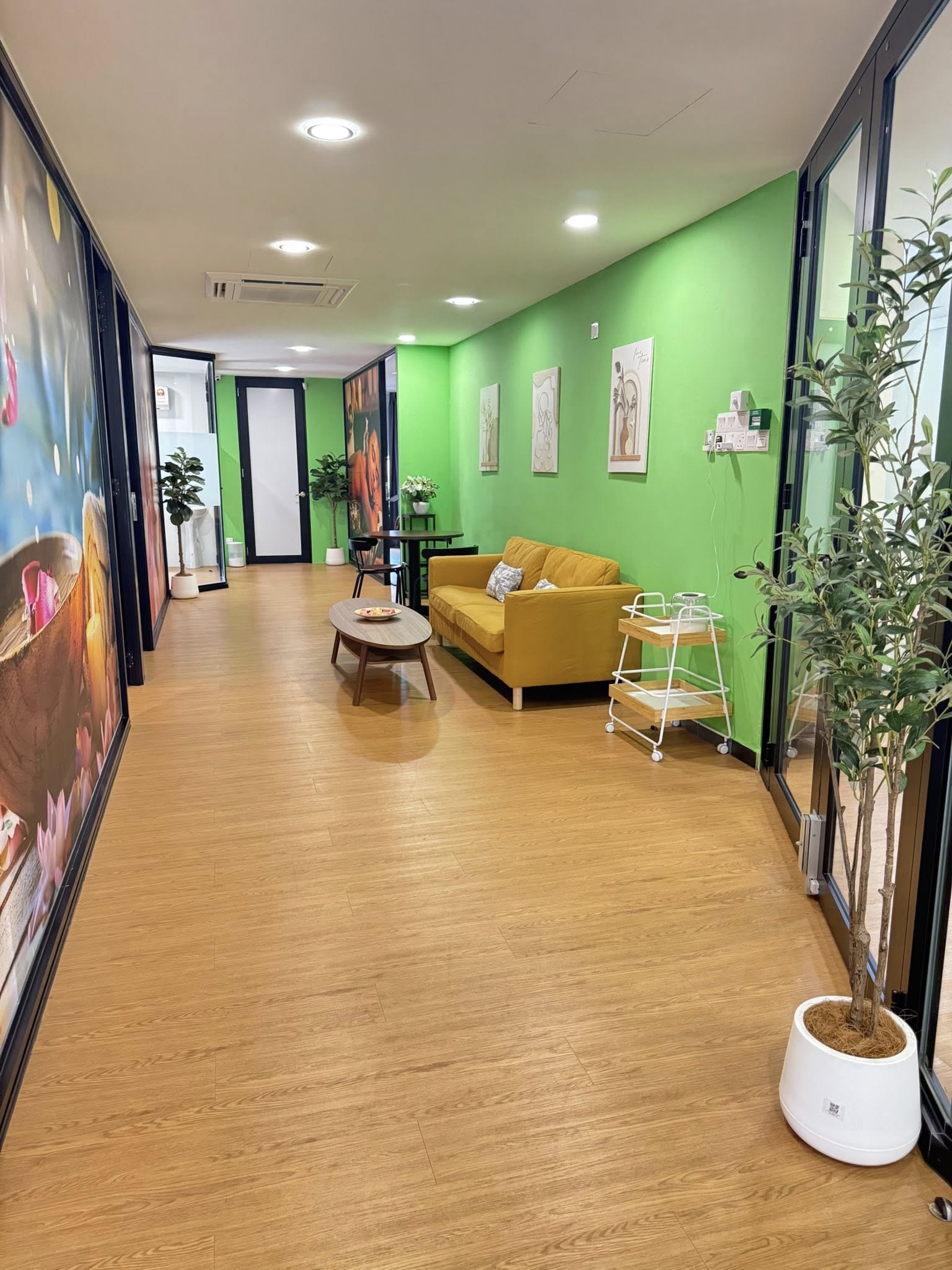 Relaxing lounge corridor with warm lighting