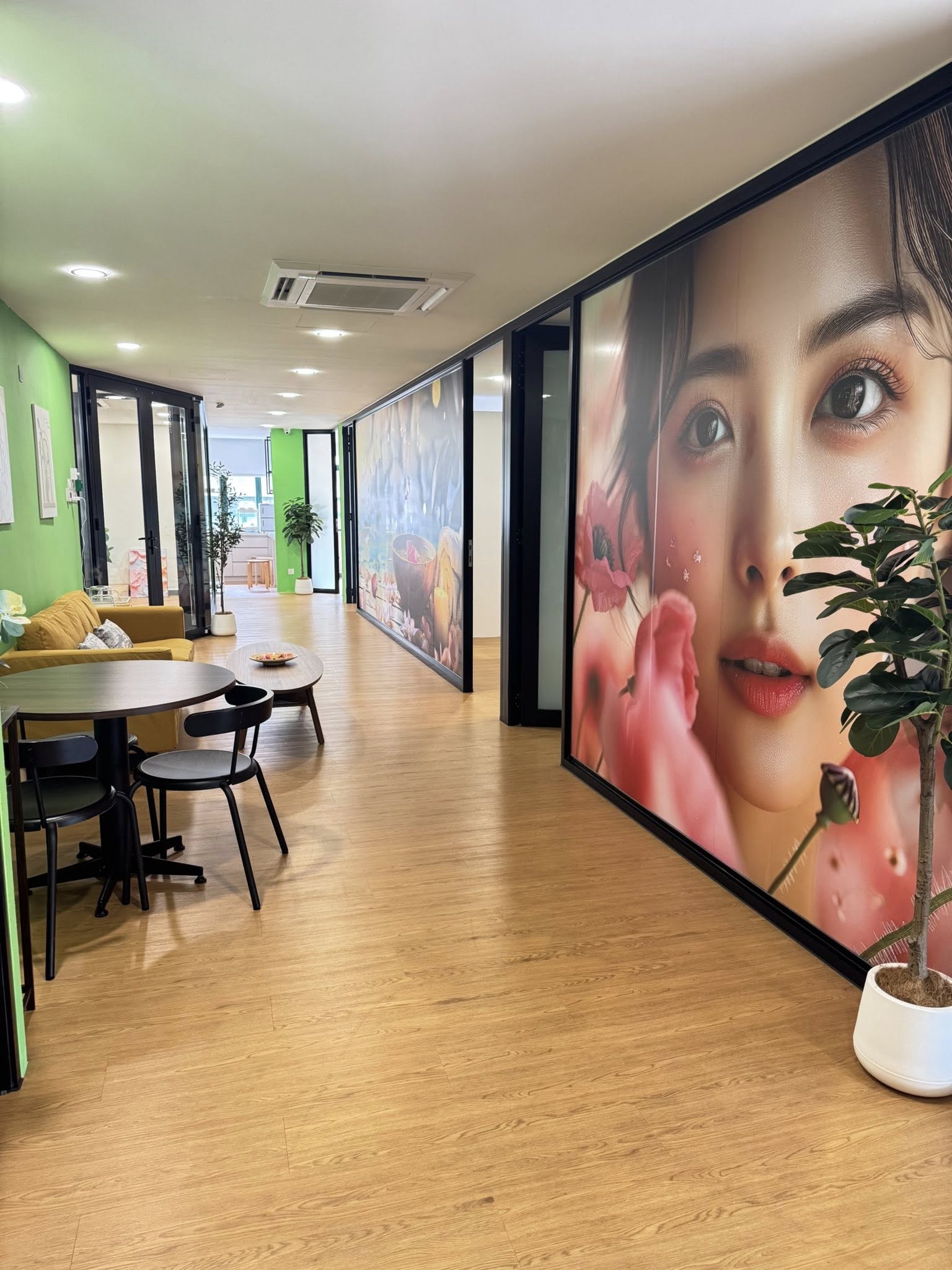 Relaxing lounge corridor with warm lighting
